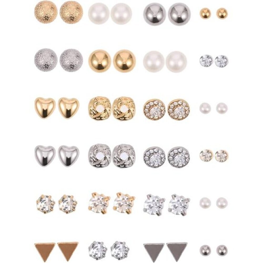 24 Pairs Stud Crystal Pearl Earring Set Ear Stud Rhinestone Hearts Jewelry